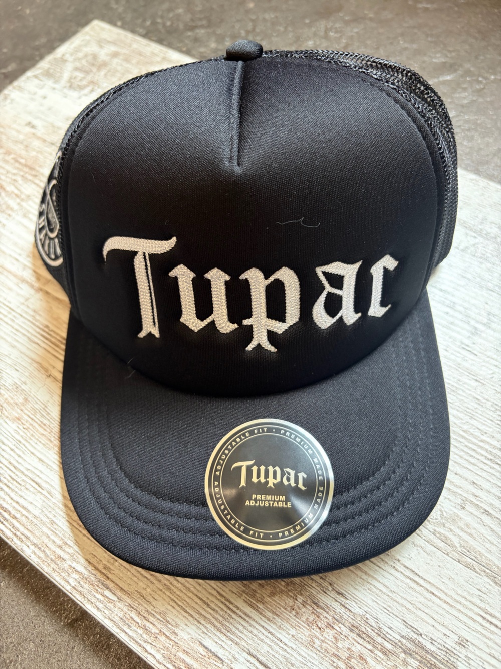 Lids Tupac Trucker Cap in Black with White Embroidery SnapBack